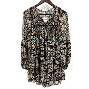 NWT Free People Floral Mini Dress XS Black Long Sleeve Tassels Layered New‎ $128